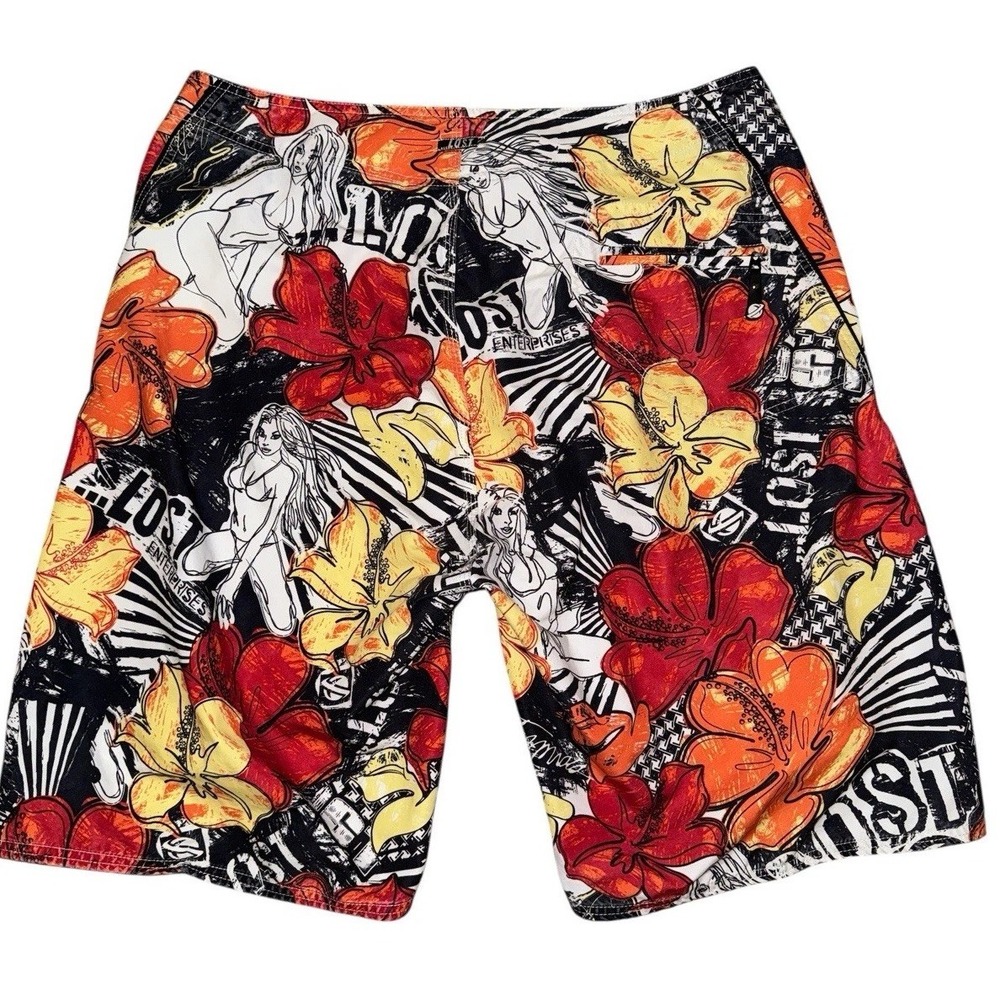 Lost Enterprises Board Shorts Swim Mens 38 Flowers‎ Swimsuit Naked Women Surf